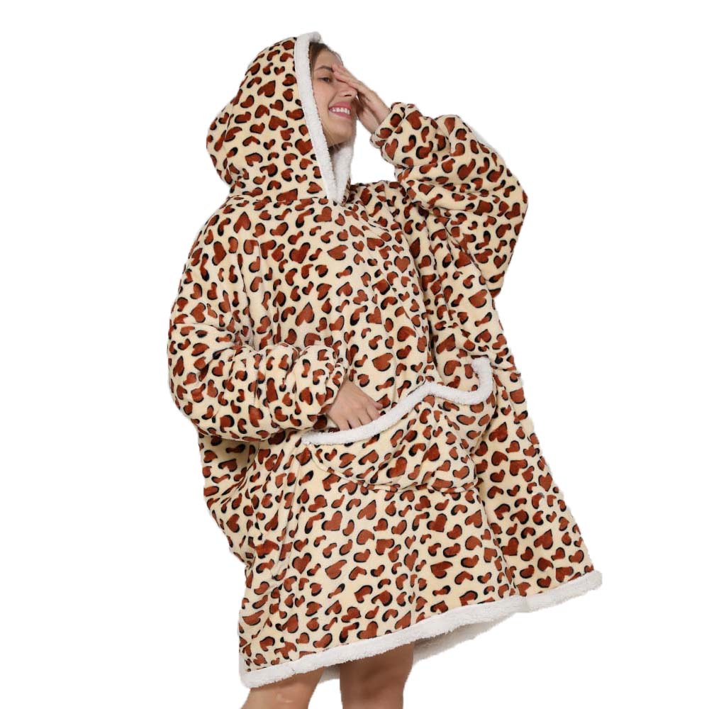 Sherpa Hoodie Fleece - 女性の特大フリースフーディーブランケット、Sherpa、Leopardプリント、スリーピングブランケット、厚手のスウェットシャツ、冬