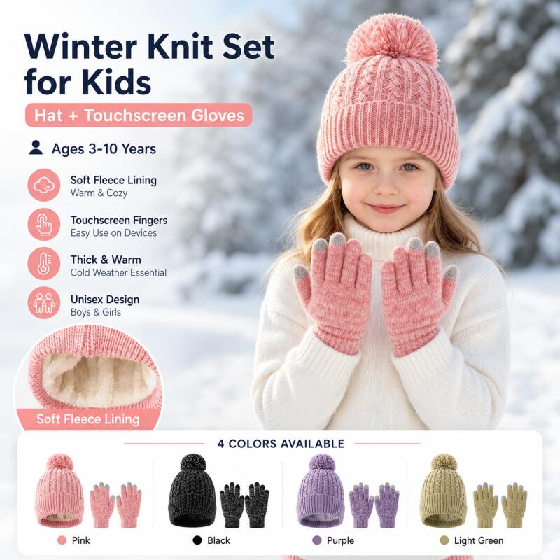 Touch Screen Gloves - 子供用冬ニット帽子タッチスクリーン手袋セットフリースライン暖かいポンポンビーニー弾性ソフト屋外雪スキーキャップ手袋アクセサリー3-10Y