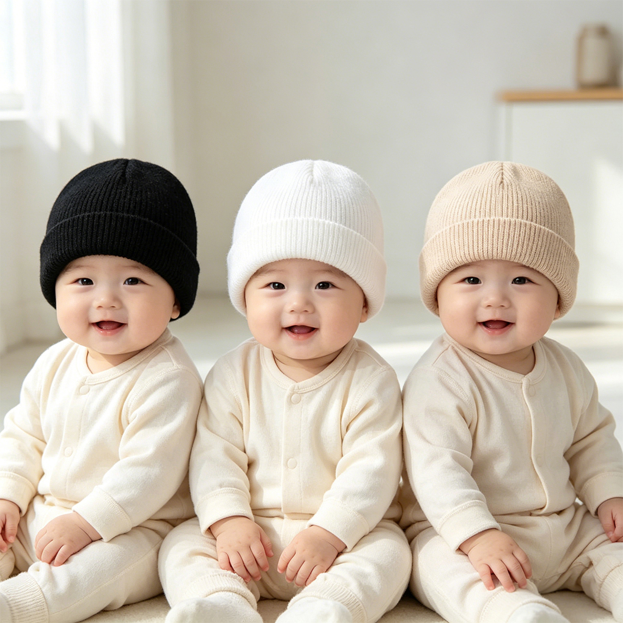 Knit Beanie Hat Warm - 3 個子供ビーニーセット冬子供ニット帽子無地ウールかぎ針編みボンネット抗寒暖かいベビープルオーバーキャップ 1-3 年