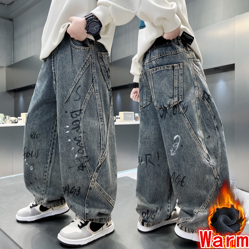 Corduroy Pant Warm - 子供用冬用保温ダメージ加工ジーンズ、男の子用レター入り厚手サーマルデニムパンツ、子供用コーデュロイ裏地付きゆったりパンツ