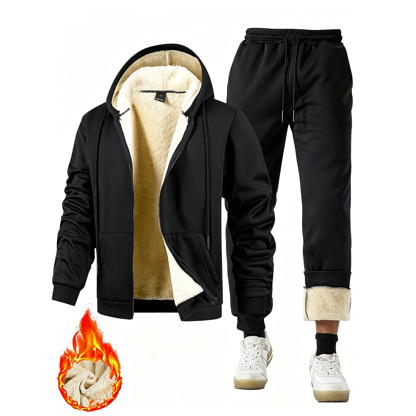 Sherpa Hoodie Fleece - メンズ冬用2ピースセット 厚手フリース 暖かいサーマルカジュアル フード付きスウェットシャツ シェルパ裏地付きパーカー ジョガーパンツ