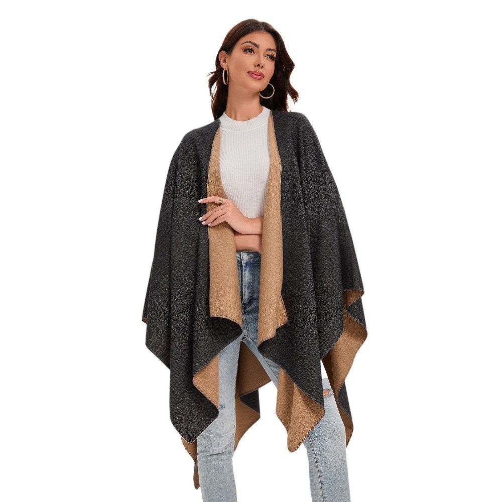 Shawl Wrap Winter - 暖かいコート チェック柄デザイン トラベルショール オープンフロント ソリッドカラー ポンチョ