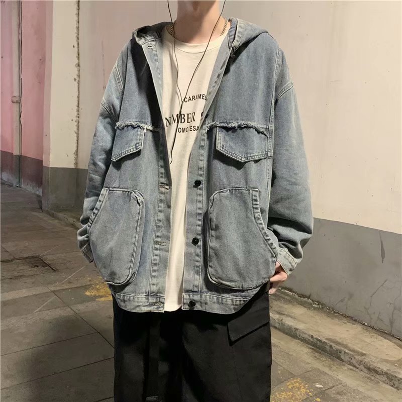 Down Jacket Packable - 男性固体服春秋の新韓国ファッション多用途大ポケットフード付きデニムジャケットカジュアルルーズ黒作業着コート