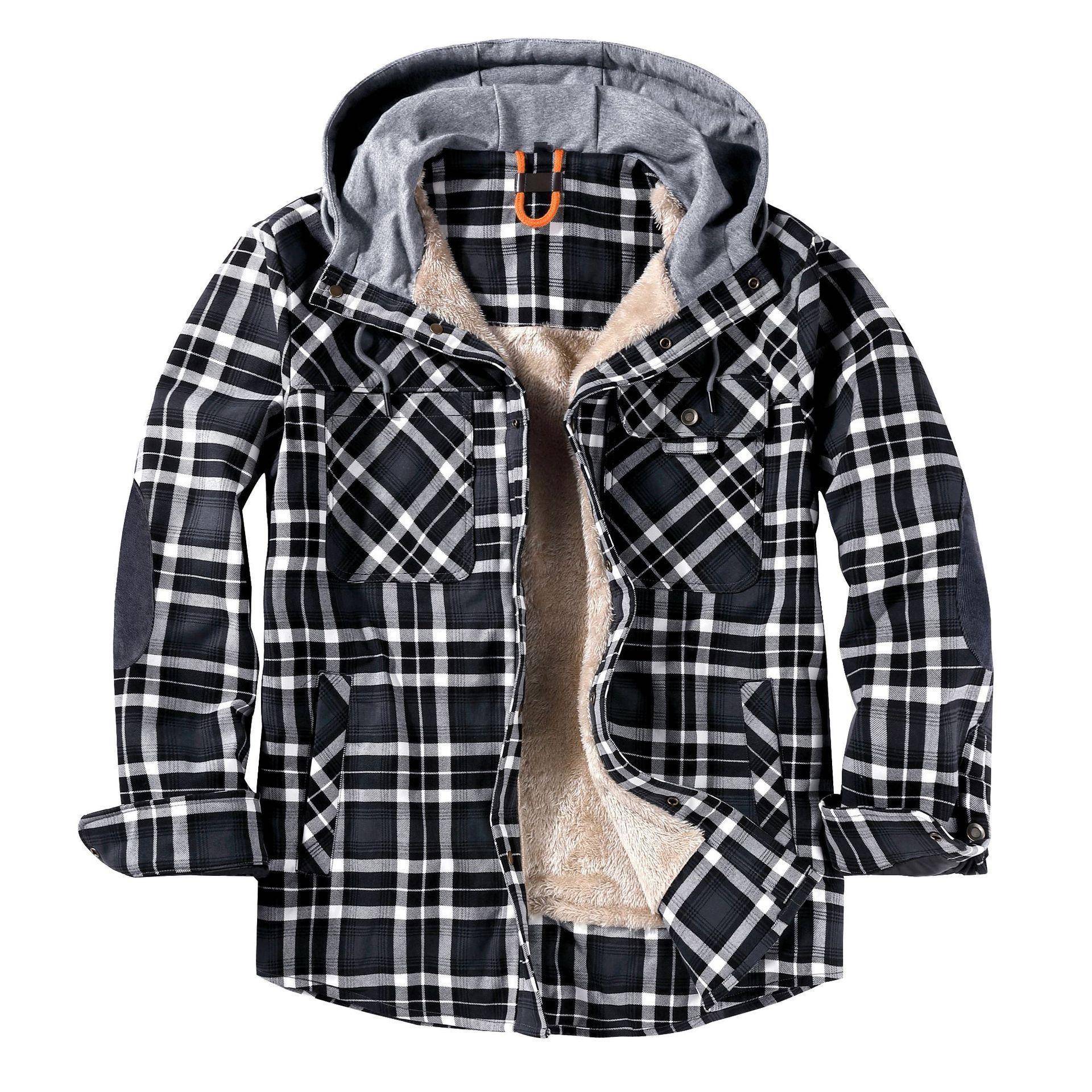 Flannel Shirt Lined - メンズシェルパ裏地付き格子柄フランネルシャツジャケット、スナップボタン、暖かいコットンPU素材の冬用コート、カジュアルで清潔感のある長袖フード付きジャケット