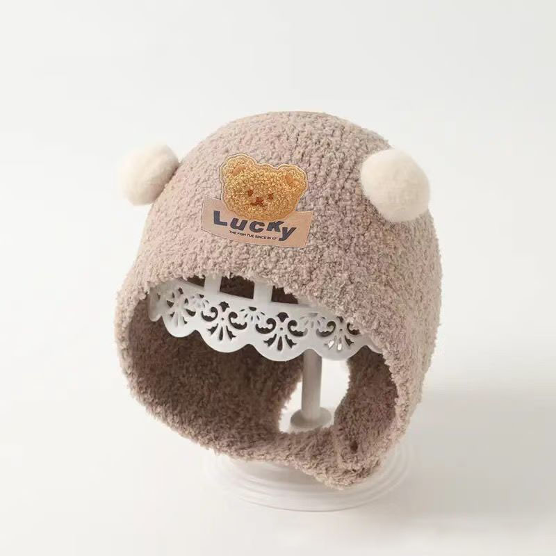 Knit Beanie Hat Warm - かわいいクマの赤ちゃん耳保護キャップ冬暖かいぬいぐるみ厚みのあるベルベットヘッドギアボンネット子供ビーニー0-24ヶ月幼児ニット帽子
