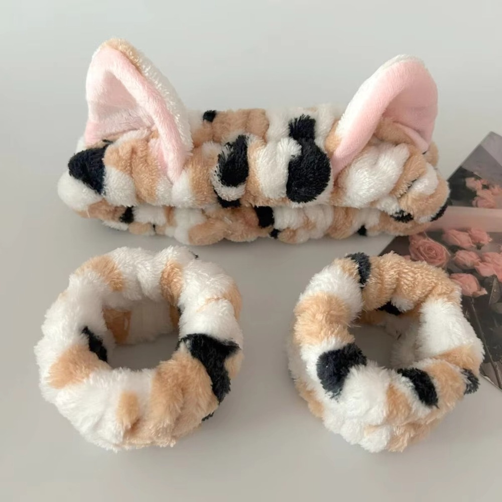 Winter Headband Fleece - 3 ピース/セットヒョウ柄かわいい猫耳ぬいぐるみヘッドバンド弾性サンゴフリース洗顔ヘッドバンドスパ洗顔とメイク