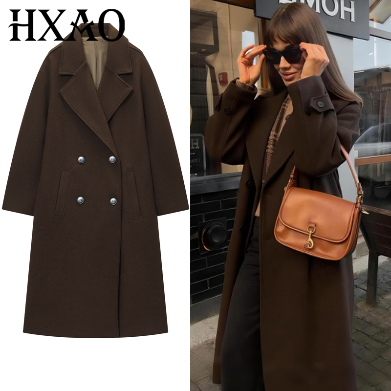 Wool Coat Peacoat - HXAO レディース コート ブラウン ツイード ウール