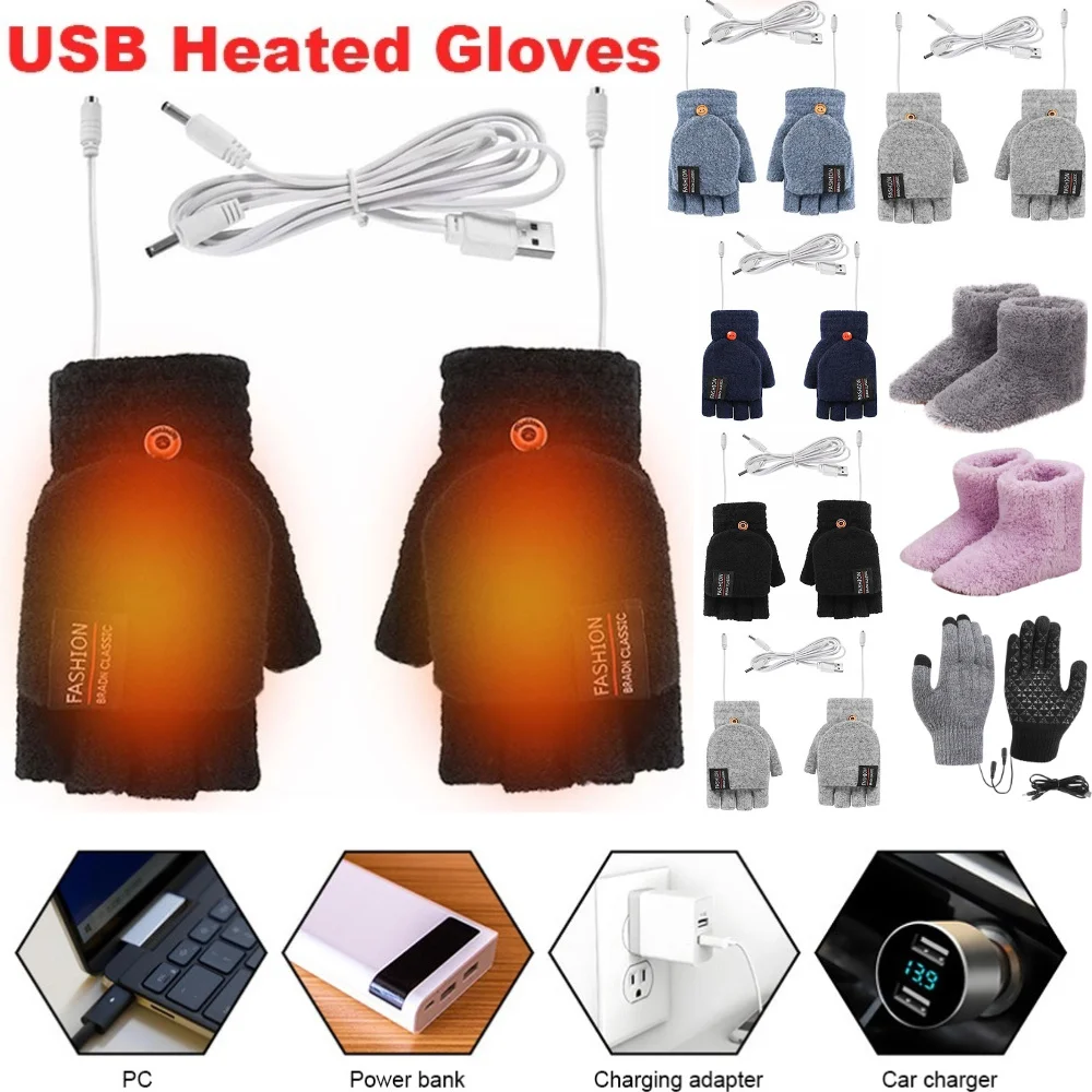 Touch Screen Gloves - USB 電熱手袋冬屋外サーマルタッチスクリーンフルハーフフィンガーウォーマーニット手袋ハンドウォーマー自転車手袋