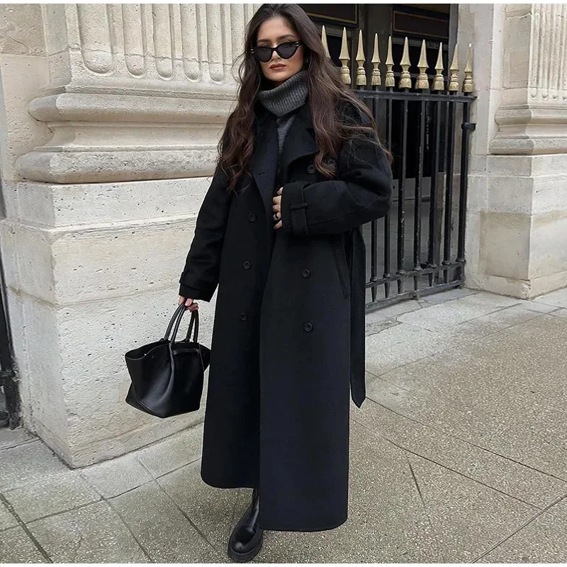 Wool Coat Peacoat - エレガントなグレーのベルト付きロングフェイクウールコート、女性用ラペルダブルブレストストリートコート、女性用2025秋冬新作レディースピーコート