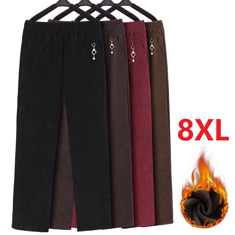 Corduroy Pant Warm - 高品質コーデュロイストレートズボン女性秋冬オーバーサイズ 8XL 母パンツフリース厚く暖かいカジュアルパンツ女性新