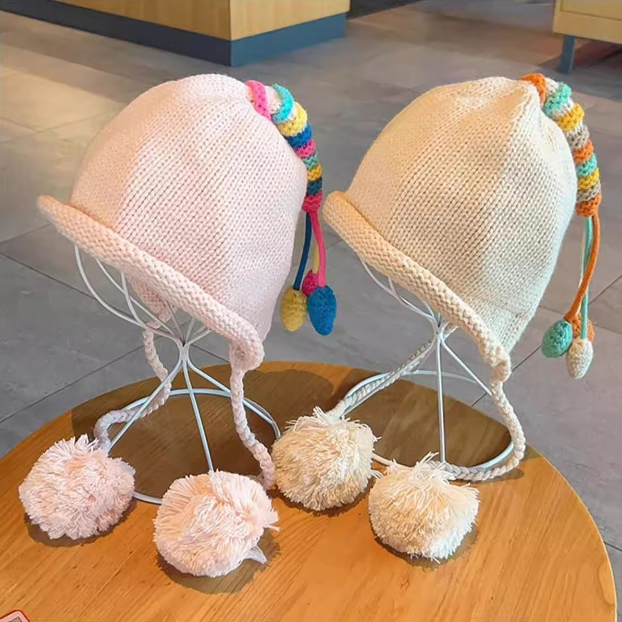 Knit Beanie Hat Warm - レインボーテール子供耳保護帽子冬暖かい子供ウール帽子ポンポンビーニー 1-4 年ベビープルオーバーキャップヘッドギアボンネット