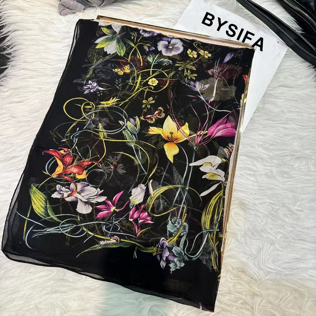Shawl Wrap Winter - Bysifa-女性用シルクスカーフ,新しい黒の純粋な冬のスカーフ,ファッショナブルでエレガントな花柄のロングスカーフ,夏のビーチショール
