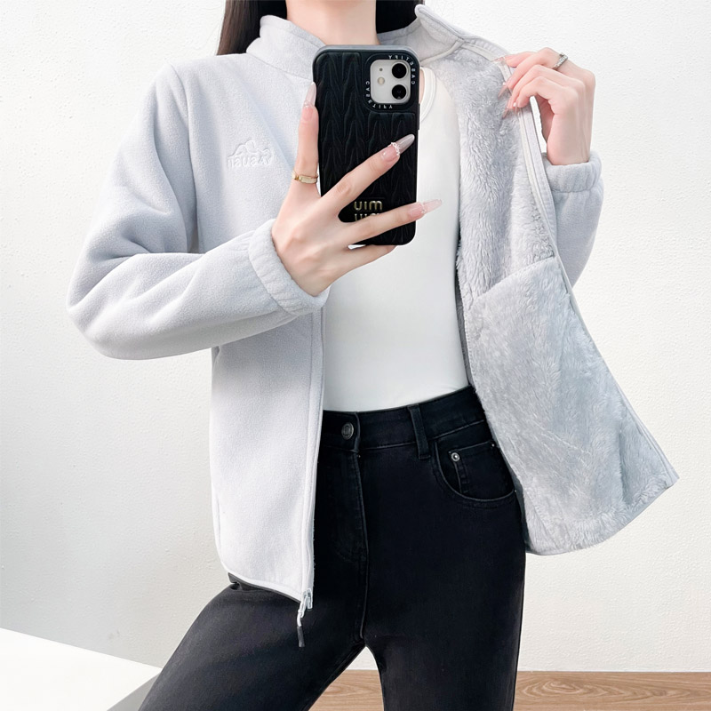 Sherpa Hoodie Fleece - フリーススウェットシャツ帽子なしレディースパーカーオーバーサイズ春秋Oカラーフランネルスタンドアップカラーシェルパリボンフラワーフリルガール