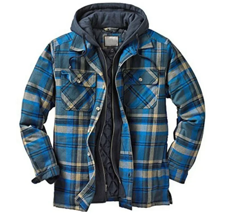 Flannel Shirt Lined - メンズフリース裏地付きフランネルチェック柄シャツジャケット、ボタンダウンシェルパジャケット、フード付き長袖冬用フード付きコート