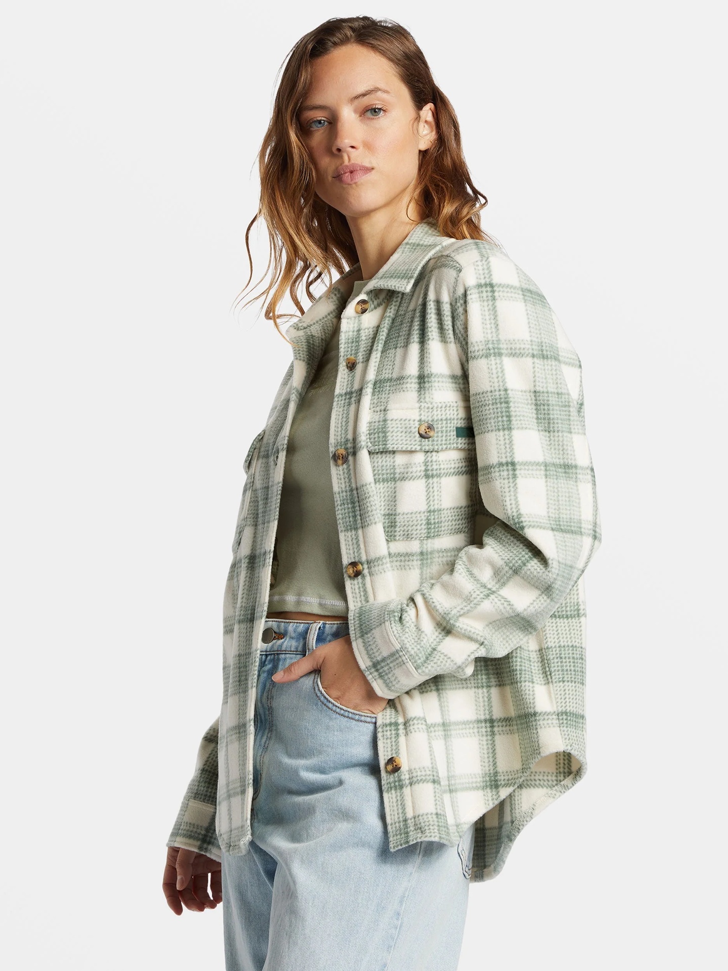 Flannel Shirt Lined - カジュアルな格子柄フリース裏地付きフランネルワークウェアシャツスタイルジャケット、緑と白のパッチワーク、ストリートスタイル、厚手のロング丈
