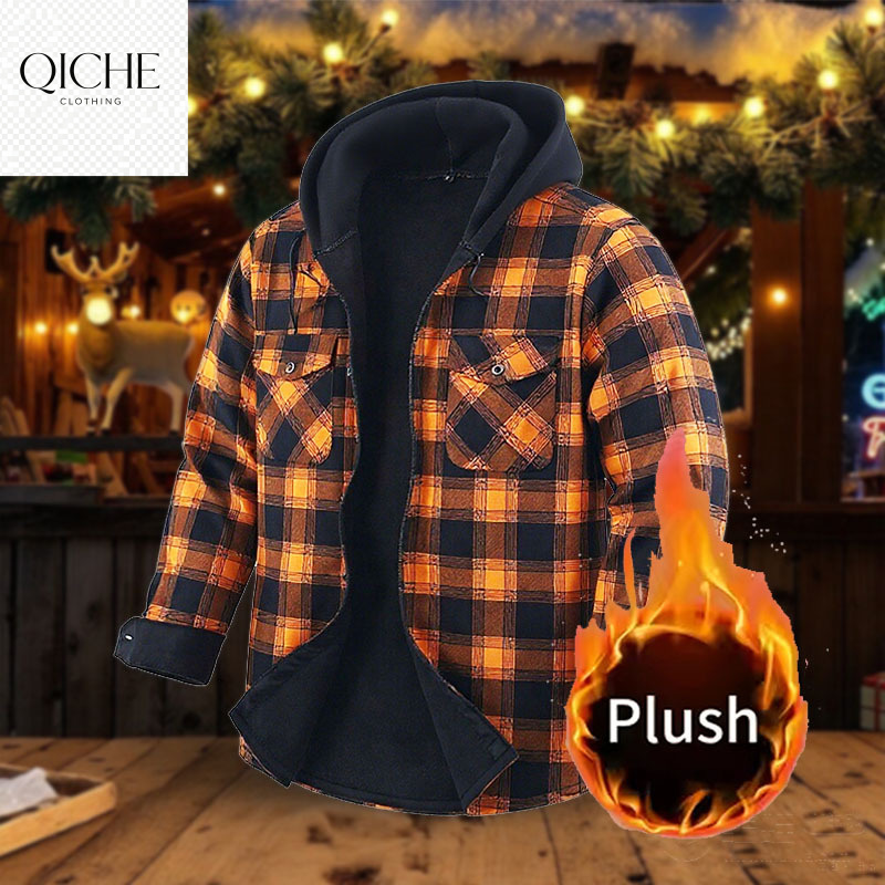 Flannel Shirt Lined - QICHE フリース裏地付き厚手フランネルシャツ メンズ フード付き チェック柄 長袖