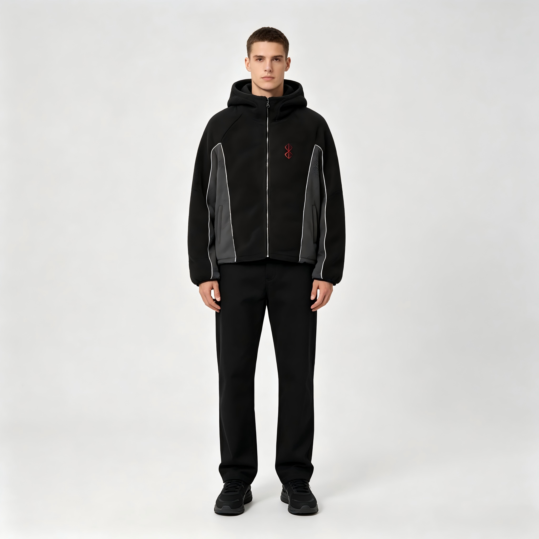 Sherpa Hoodie Fleece - ユニセックスカラーブロックシェルパフリースフード付きジャケット、コントラストストライプジップアップラグランスリーブ刺繍ルーズウォームストリートウェアコート