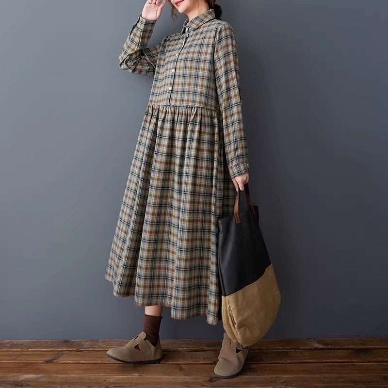 Flannel Shirt Lined - 韓国風ルーズレトロチェック柄シャツドレス-春用暖かい起毛フランネルミドル丈ドレス、ラペルカラー付き W2214
