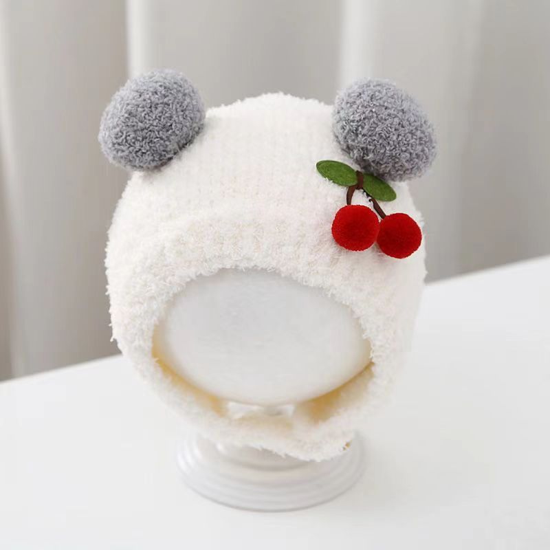 Knit Beanie Hat Warm - 冬暖かいベビービーニーかわいいチェリープルオーバーキャップ耳保護ニット帽子子供 3-24 ヶ月少年少女サーマルヘッドギア幼児ボンネット