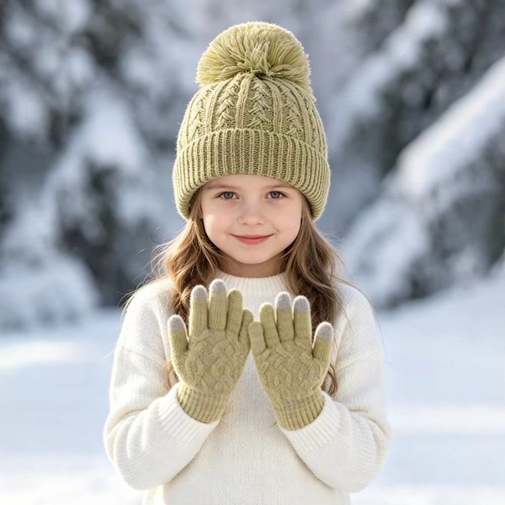 Touch Screen Gloves - 2 ピース/セットファッション冬子供帽子手袋セット裏地防風タッチスクリーン手袋暖かいポンポンニット帽子手袋