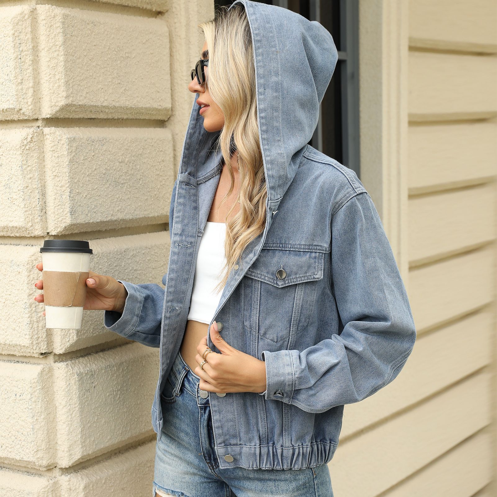 Down Jacket Packable - 女性デニムジャケットフード付きコートシングルブレストターンダウン襟ポケット洗浄オーバーコート女性ヴィンテージアウターストリート
