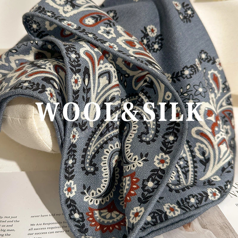 Shawl Wrap Winter - 70% ウール 30% シルクスカーフ女性冬エスニックグレーオレンジブルーペイズリープリントネックスカーフショール女性ヒジャーブレディースアクセサリー