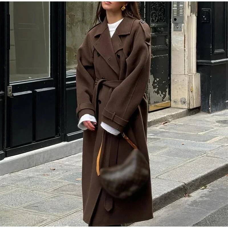 Wool Coat Peacoat - エレガントなグレーのベルト付きロングフェイクウールコート、女性用ラペルダブルブレストストリートコート、女性用2025秋冬新作レディースピーコート