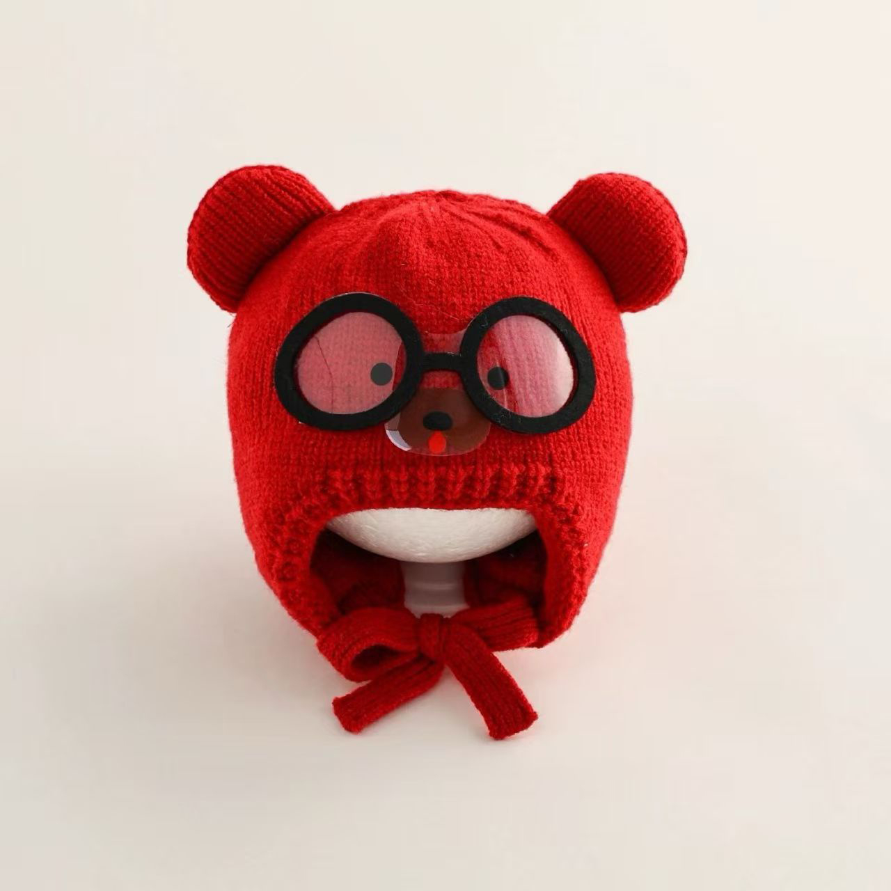 Knit Beanie Hat Warm - 冬暖かいベビービーニー帽子漫画かわいいウールニット耳保護レースキャップ少年少女子供防風ボンネット帽子