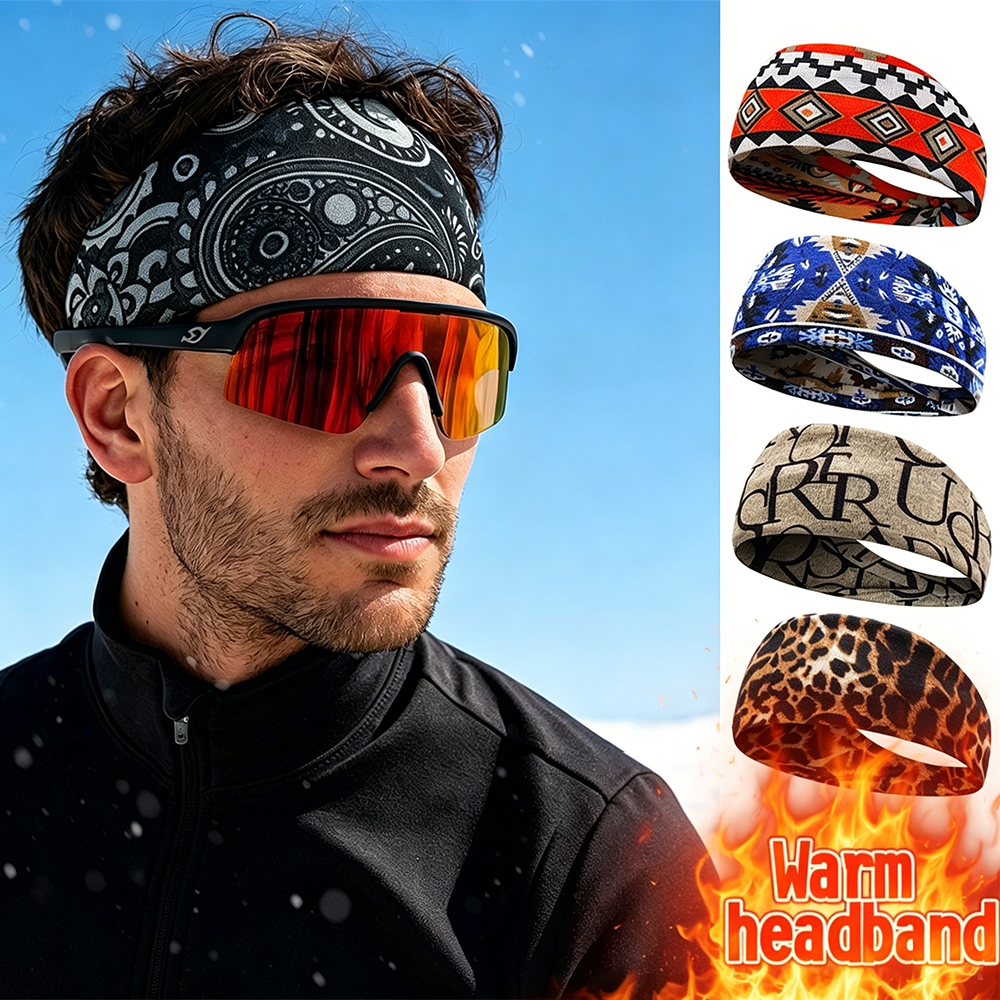 Fleece Ear Warmer Band - プリントフリースヘッドバンド冬用防風イヤーウォーマー、伸縮性のあるサーマルスポーツヘアバンド、サイクリング、スキー、ランニング用、男性、女性用