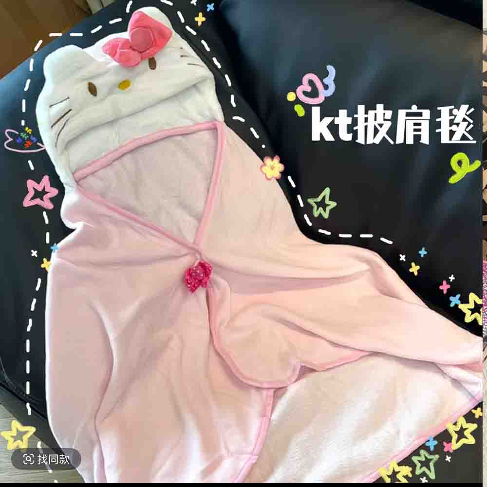 Shawl Wrap Winter - かわいいハローキティのマントショール、エアコンブランケット、フード付き学生寮オフィスブランケット、家庭用品、主婦向け