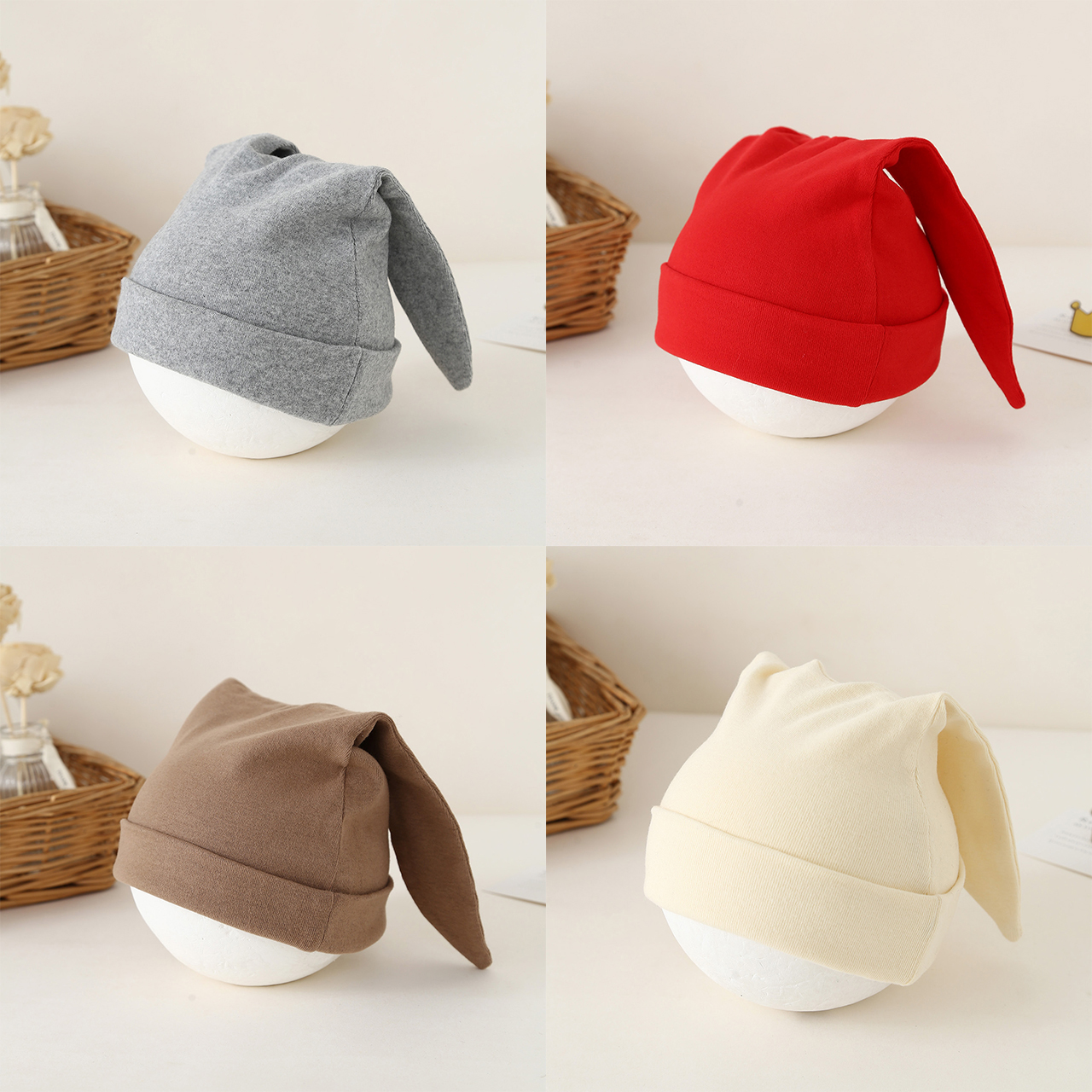 Knit Beanie Hat Warm - かわいい耳が垂れた新生児用帽子 秋用シングルレイヤー暖かいベビーニット帽 無地ウールボンネット かわいい子供用ビーニー 0-2歳