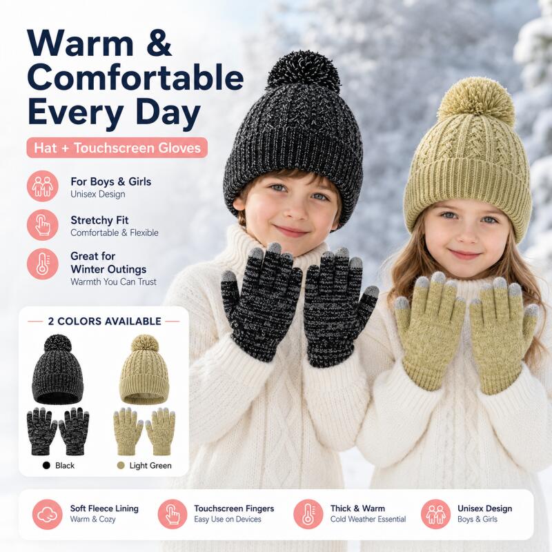 子供用冬ニット帽子タッチスクリーン手袋セットフリースライン暖 - Touch Screen Gloves のレビューと価格