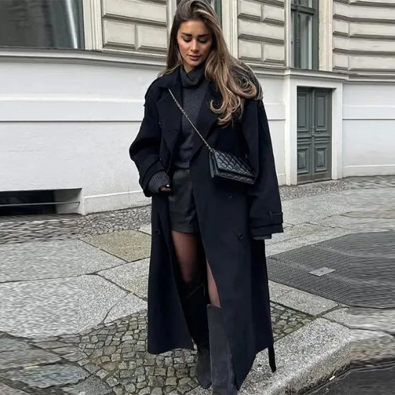 エレガントなグレーのベルト付きロングフェイクウールコート、女 - Wool Coat Peacoat のレビューと価格