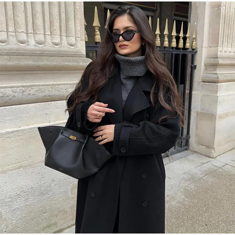 エレガントなグレーのベルト付きロングフェイクウールコート、女 - Wool Coat Peacoat のレビューと価格