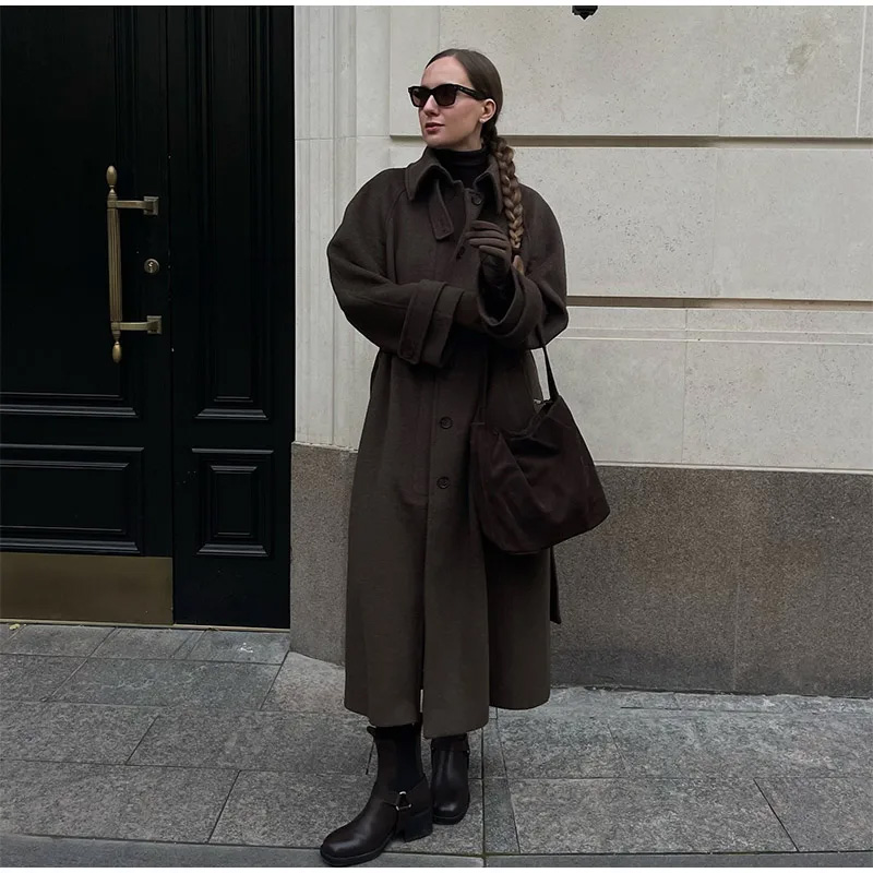 エレガントなグレーのベルト付きロングフェイクウールコート、女 - Wool Coat Peacoat のレビューと価格