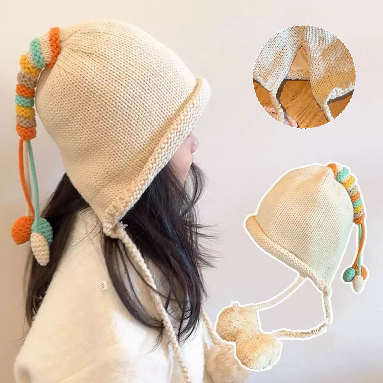 レインボーテール子供耳保護帽子冬暖かい子供ウール帽子ポンポン - Knit Beanie Hat Warm のレビューと価格
