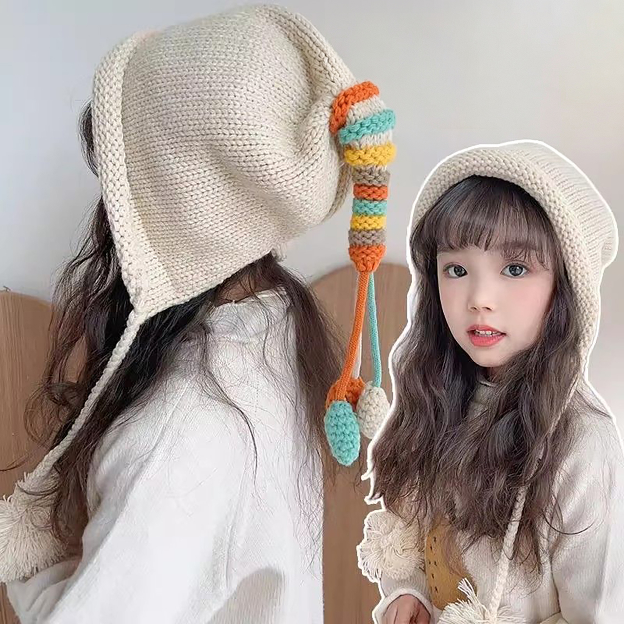 レインボーテール子供耳保護帽子冬暖かい子供ウール帽子ポンポン - Knit Beanie Hat Warm のレビューと価格