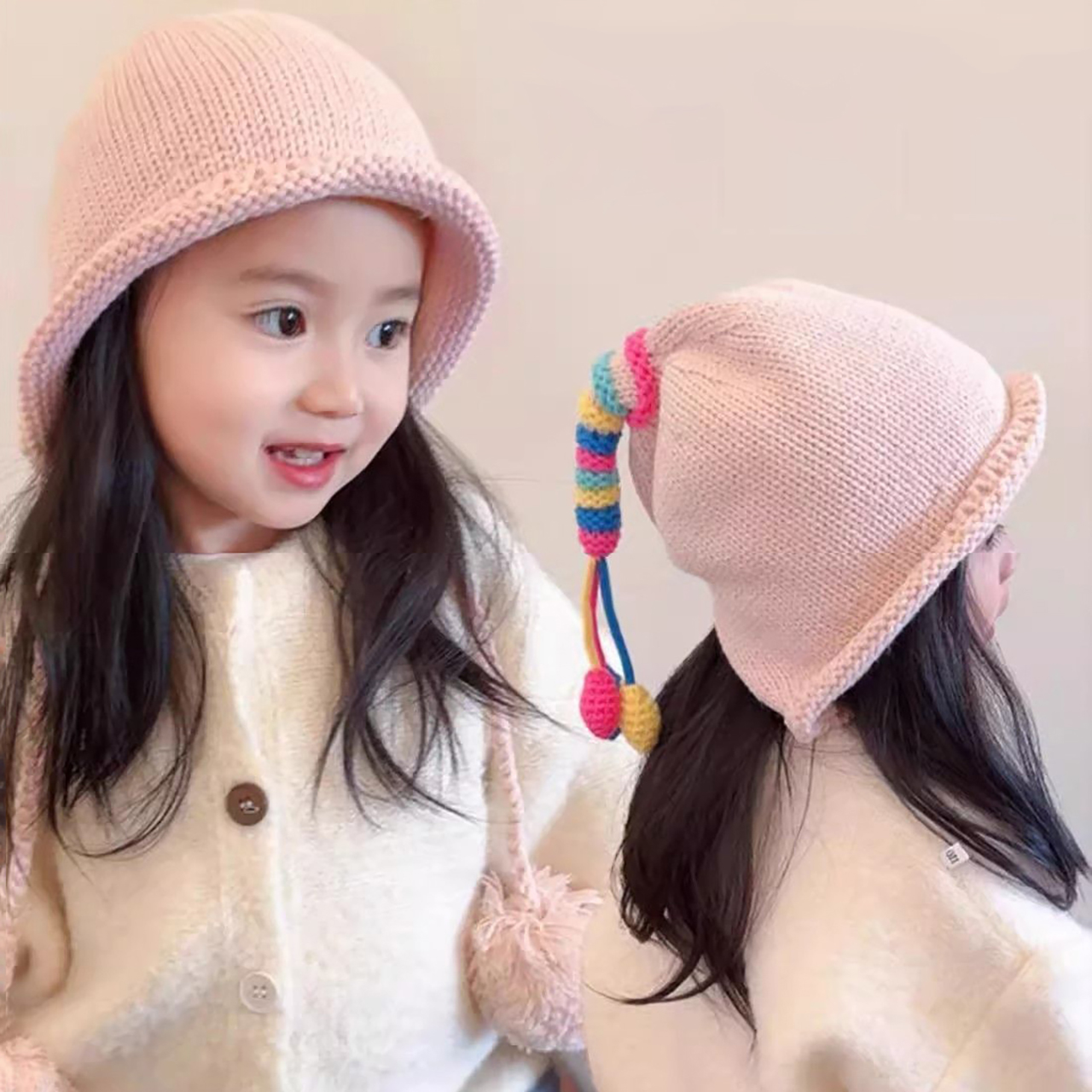 レインボーテール子供耳保護帽子冬暖かい子供ウール帽子ポンポン - Knit Beanie Hat Warm のレビューと価格