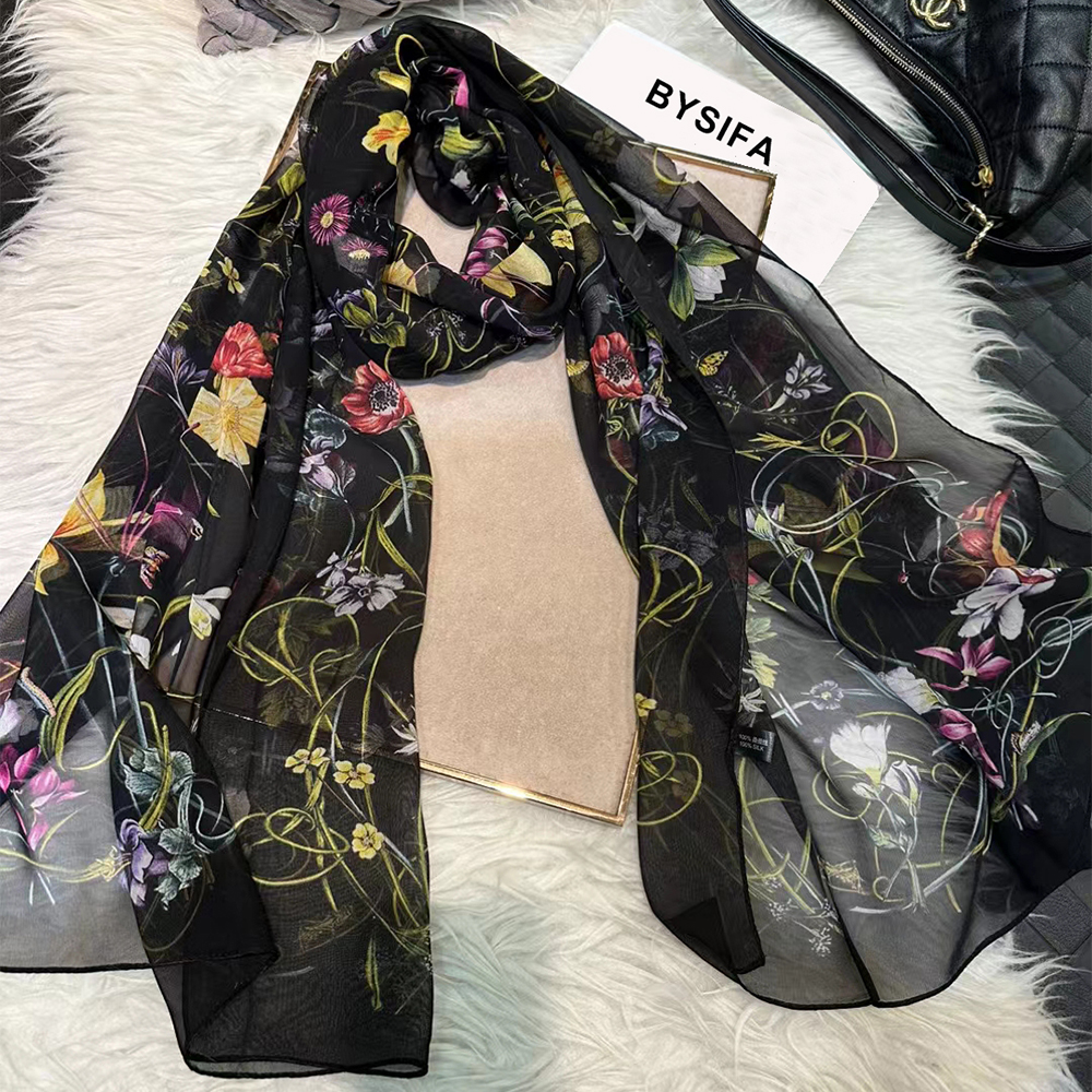 Bysifa-女性用シルクスカーフ,新しい黒の純粋な冬のスカ - Shawl Wrap Winter のレビューと価格