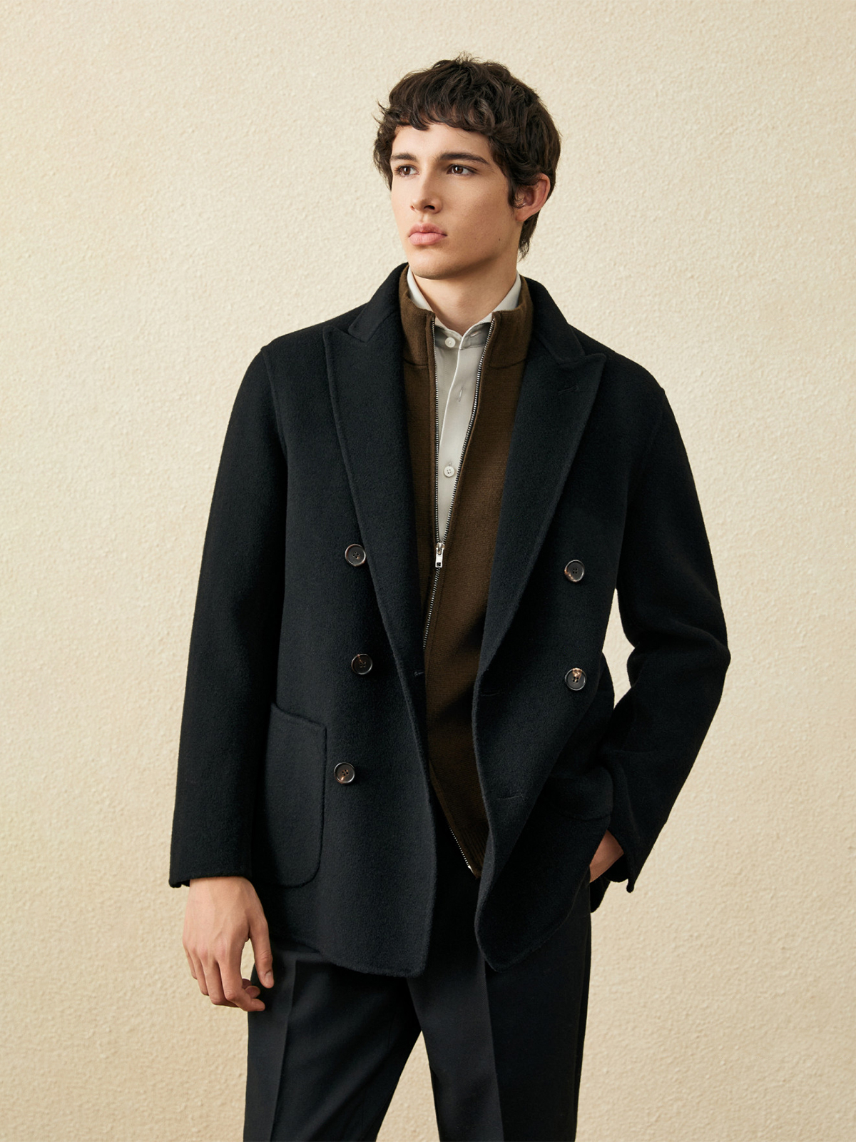 メンズ 100% ウール ショートコート |   黒のダブル - Wool Coat Peacoat のレビューと価格