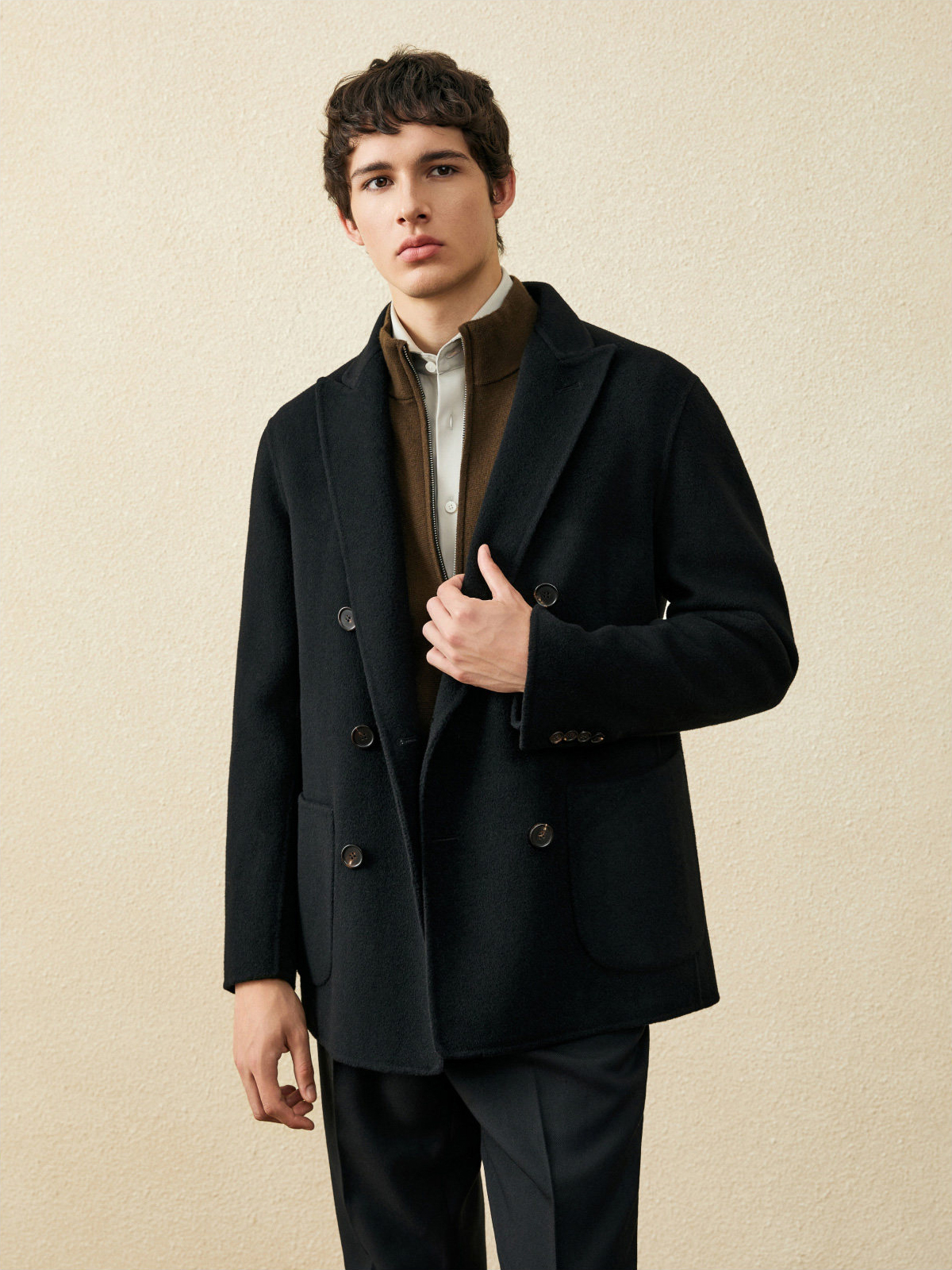 メンズ 100% ウール ショートコート |   黒のダブル - Wool Coat Peacoat のレビューと価格