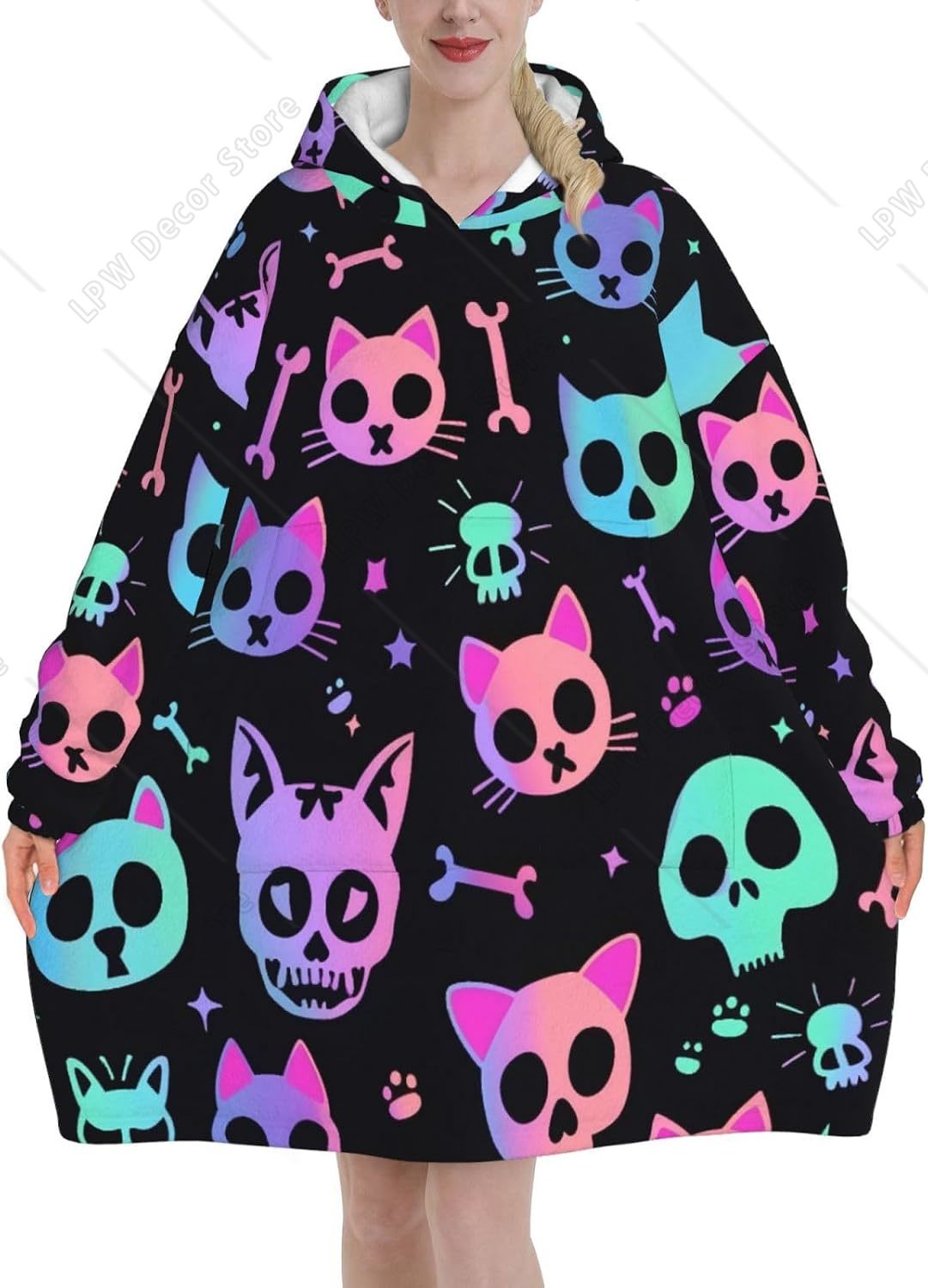 猫の頭蓋骨柄ウェアラブルブランケットパーカー、オーバーサイズ - Sherpa Hoodie Fleece のレビューと価格