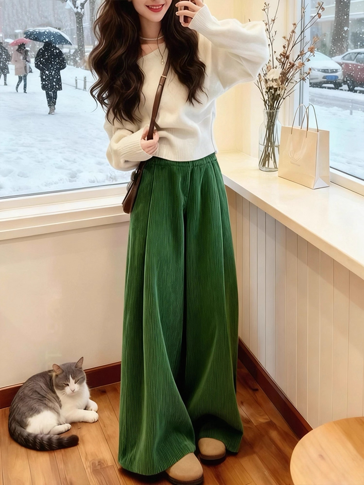 グリーンコーデュロイワイドレッグパンツ女性のルーズレイジース - Corduroy Pant Warm のレビューと価格
