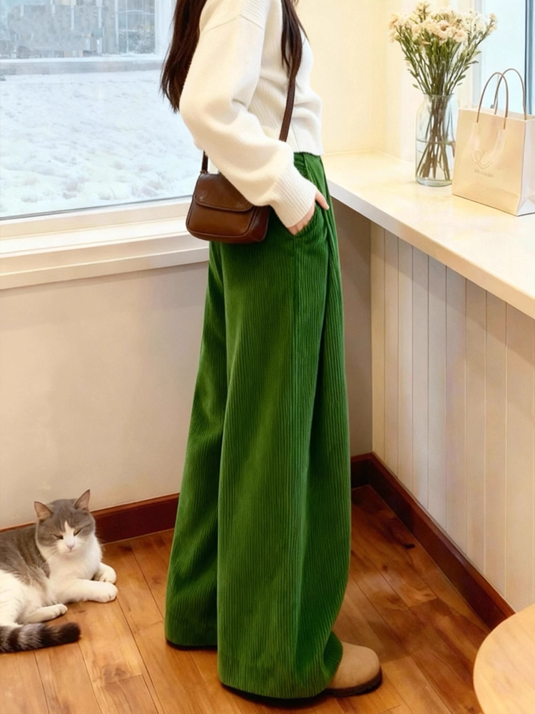 グリーンコーデュロイワイドレッグパンツ女性のルーズレイジース - Corduroy Pant Warm のレビューと価格