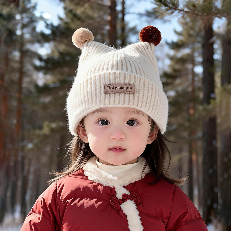 1-4 年ベビーニット帽子かわいいダブルぬいぐるみボールプル - Knit Beanie Hat Warm のレビューと価格