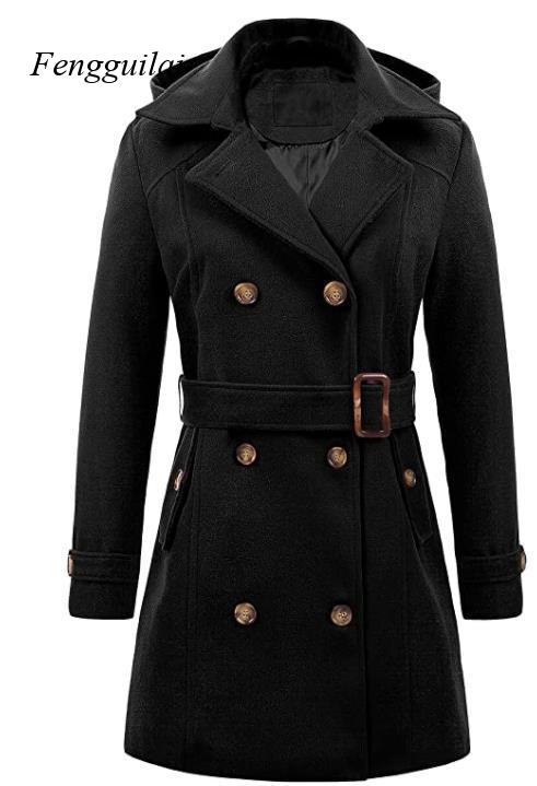 レディース ブラック フード付き ダブルブレスト ウール混  - Wool Coat Peacoat のレビューと価格