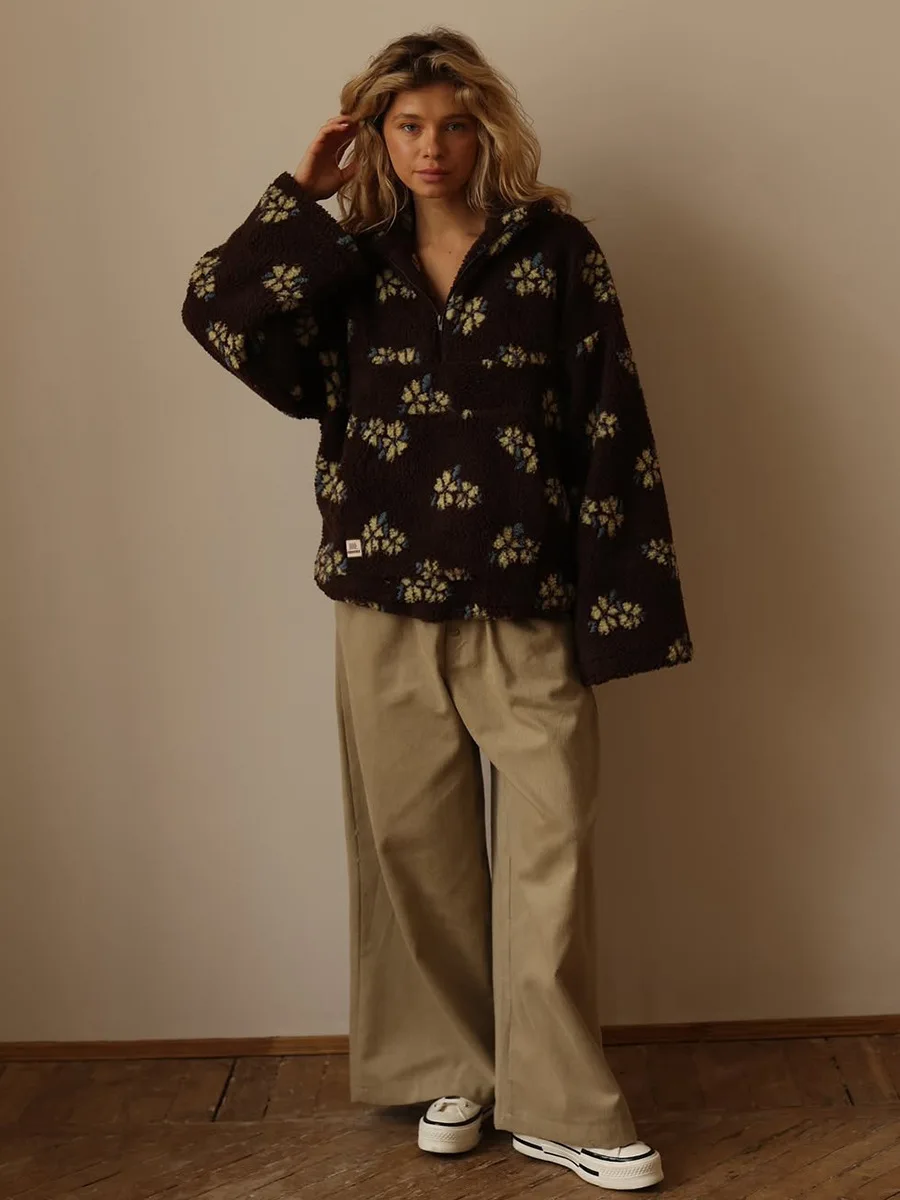 秋冬レディースシェルパフローラルフーディハーフジップスタイル - Sherpa Hoodie Fleece のレビューと価格