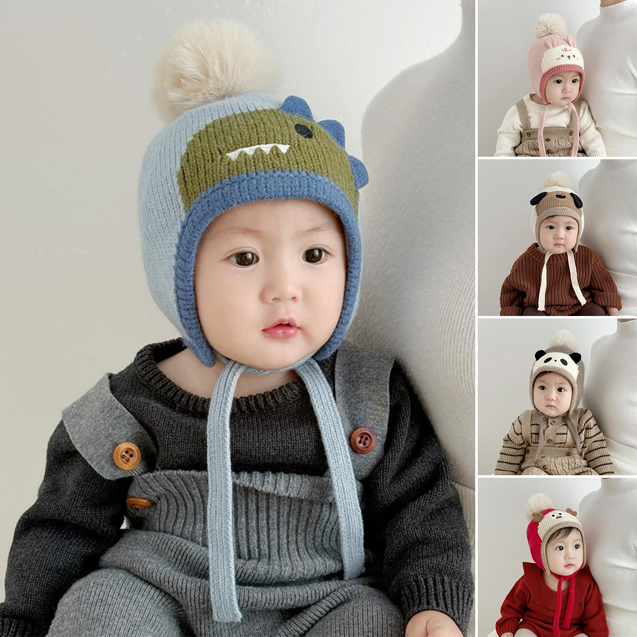 かわいい漫画の動物ポンポン帽子ベビー耳保護冬暖かい幼児ニット - Knit Beanie Hat Warm のレビューと価格