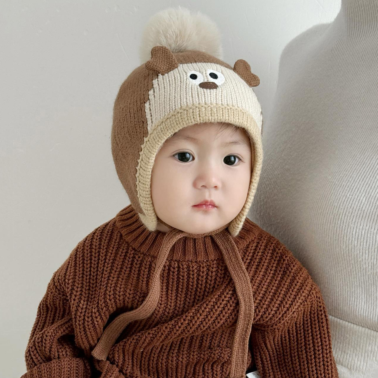 かわいい漫画の動物ポンポン帽子ベビー耳保護冬暖かい幼児ニット - Knit Beanie Hat Warm のレビューと価格