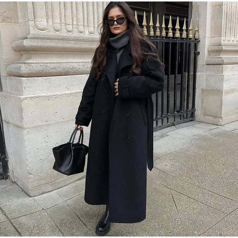 エレガントなグレーのベルト付きロングフェイクウールコート、女 - Wool Coat Peacoat のレビューと価格